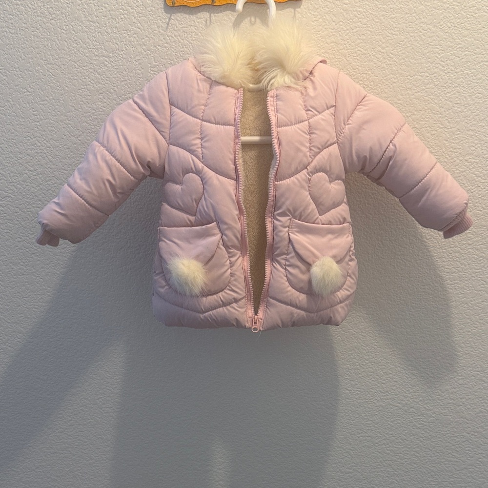 Pink Puffer Baby Jacket with Faux Fur Pom Details